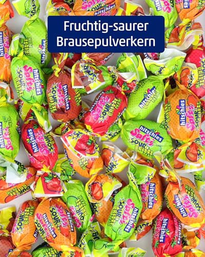 hitschies Softi Sour brizzl Mix - Fruchtig-saure Kaubonbons mit Brausepulver-Kern - Erdbeere, Apfel, Orange & Cola - Glutenfrei & Halal - 16 x 90g