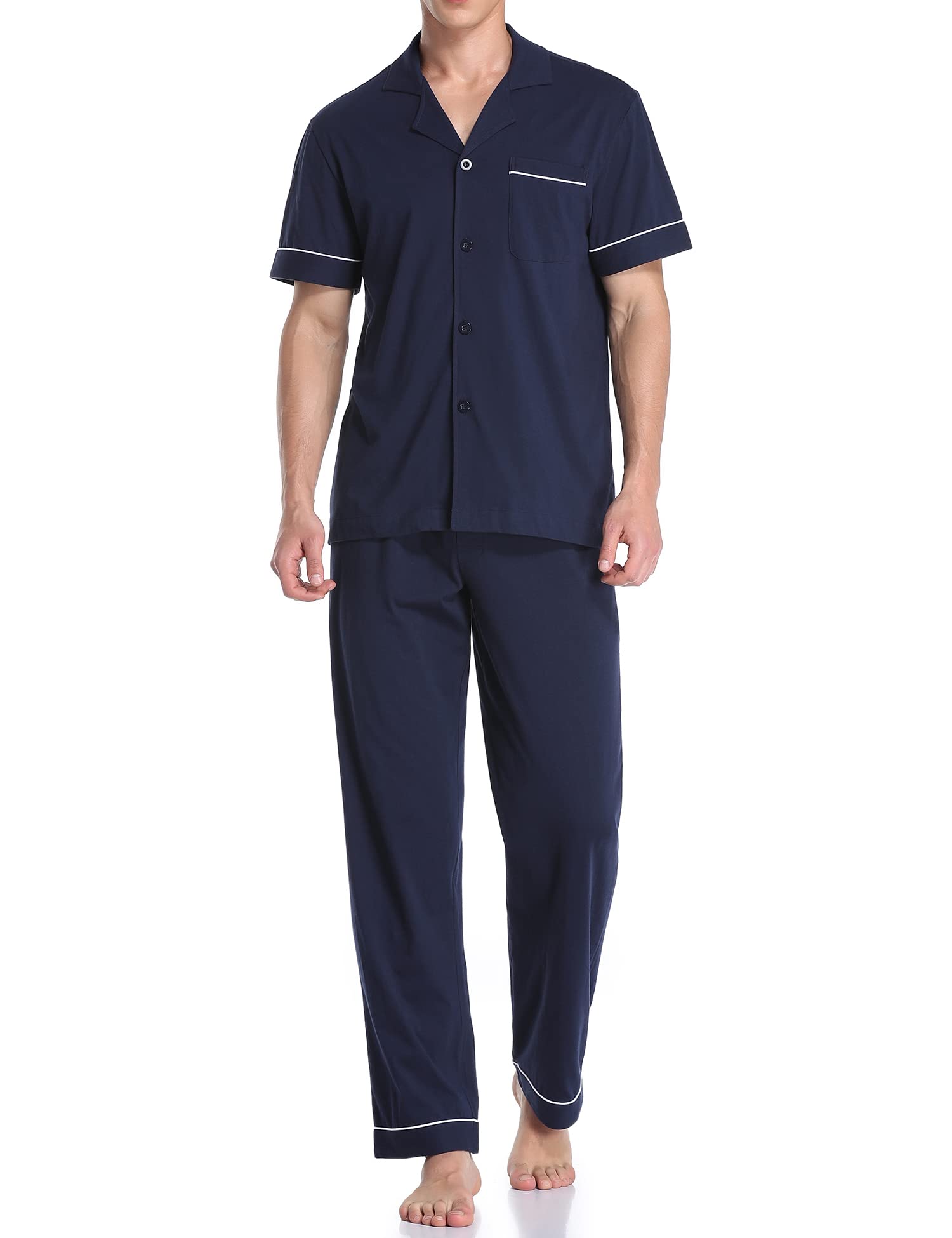 colorfulleaf Men's 100% Cotton Pajamas Set Button Down Sleepwear Short Sleeve and Long Pants Pjs-picture-48
