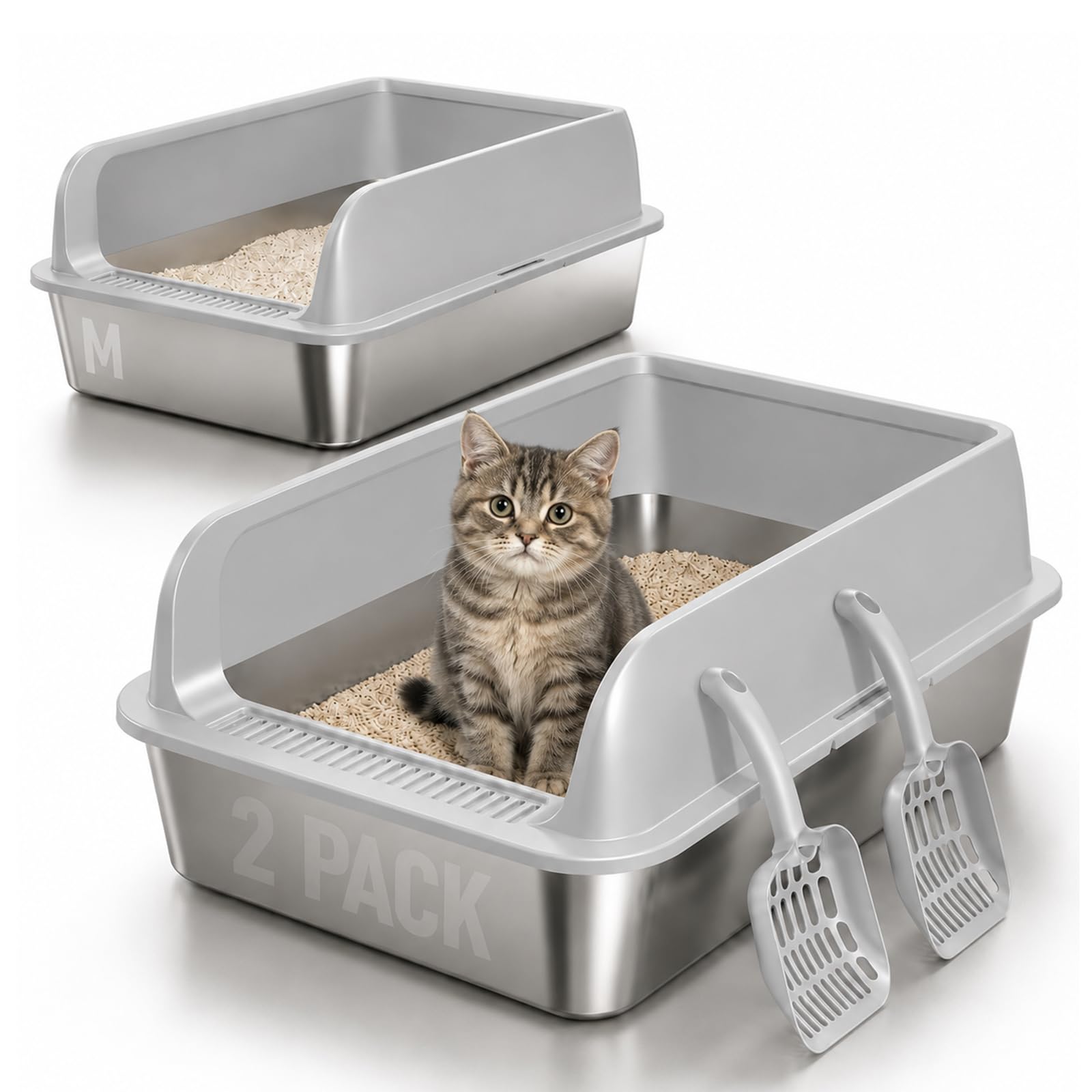 2 Pezzi Lettiera Gatto Acciaio Inox, 50 x 35 x 20 cm grande lettiera in acciaio inox, con bordo alto, per gatto, pala per gatti