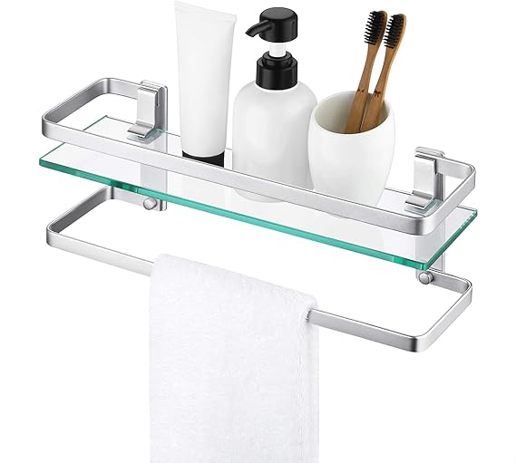 KES Estanteria Baño Aluminio Estante Baño Cristal con Toallero 8MM Grueso Vidrio Templado Estanteria Ducha Cristal Pared Plata, A4127A