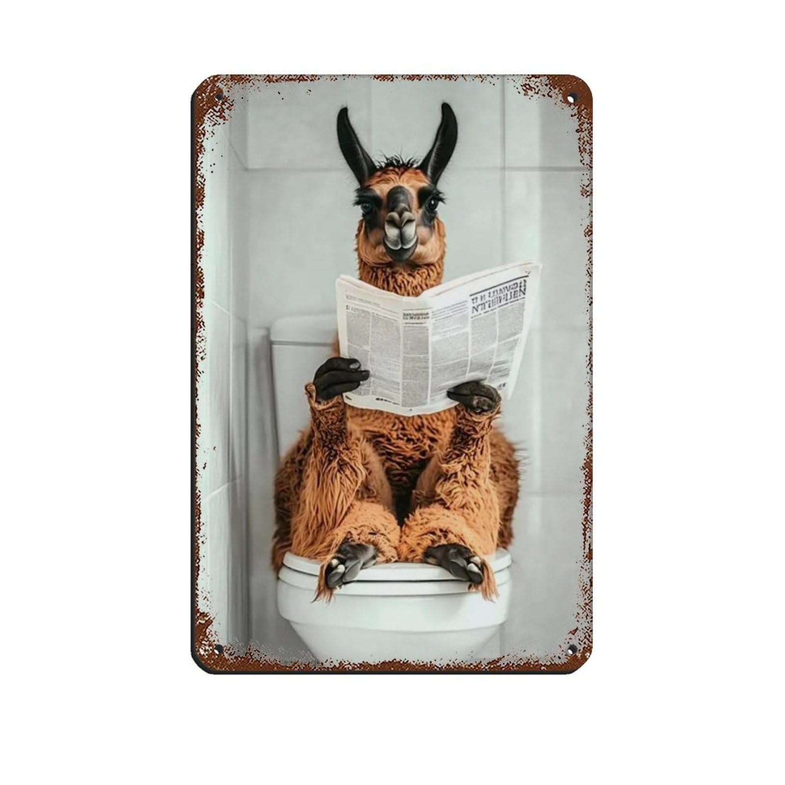 Llama Sitting on Toilet Reading Newspaper Retro Poster Metal Tin Sign Chic Art Retro Iron Painting Bar People Cave Cafe Family Garage Poster Wall Decoration 8x12inch(20x30cm)