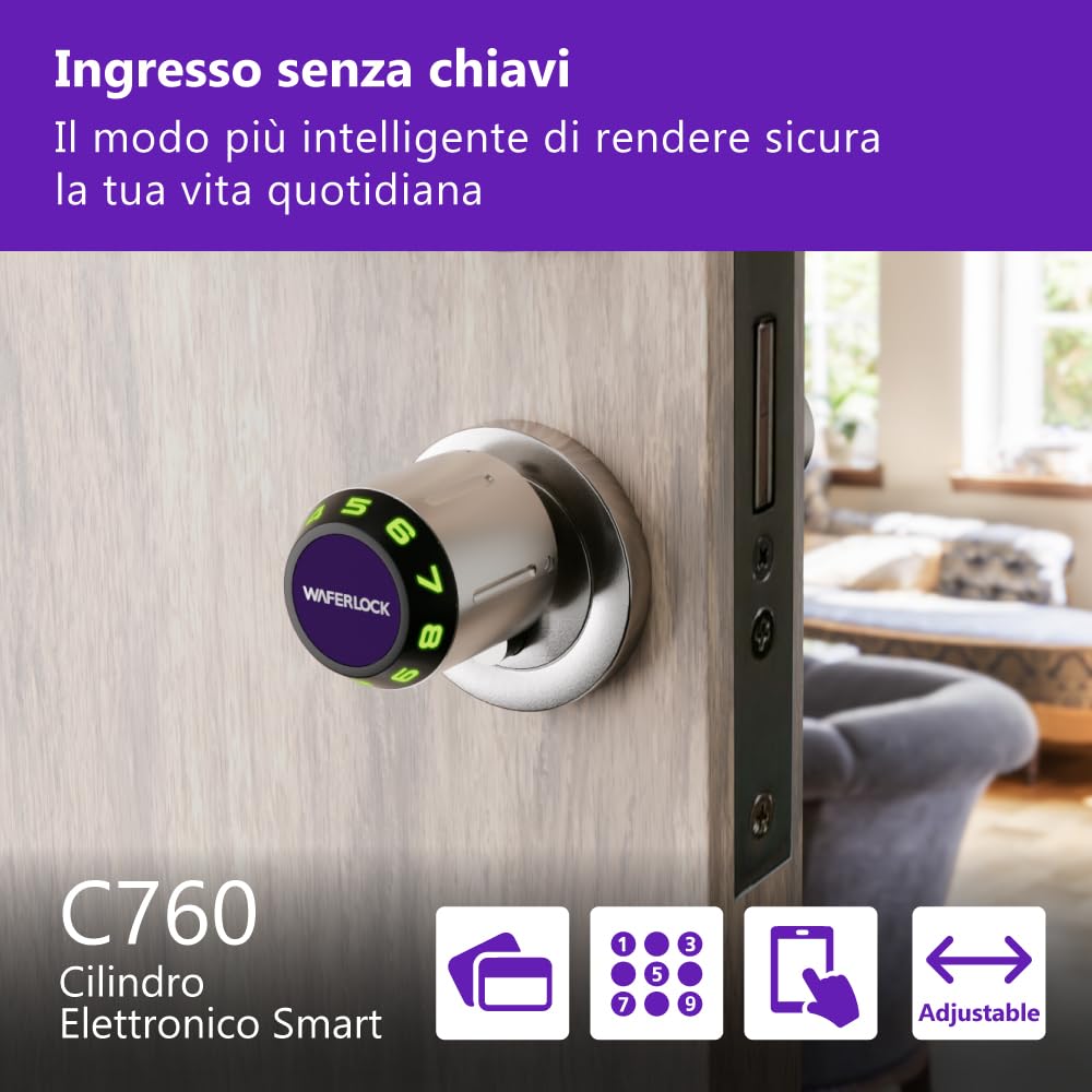 Cilindro smart europeo WAFERLOCK C760, IP68 impermeabile, resistente al fuoco, app, RFID/PIN, anti-trapano, 35/35–50 mm (70–85 mm), finitura nichel, EN15684
