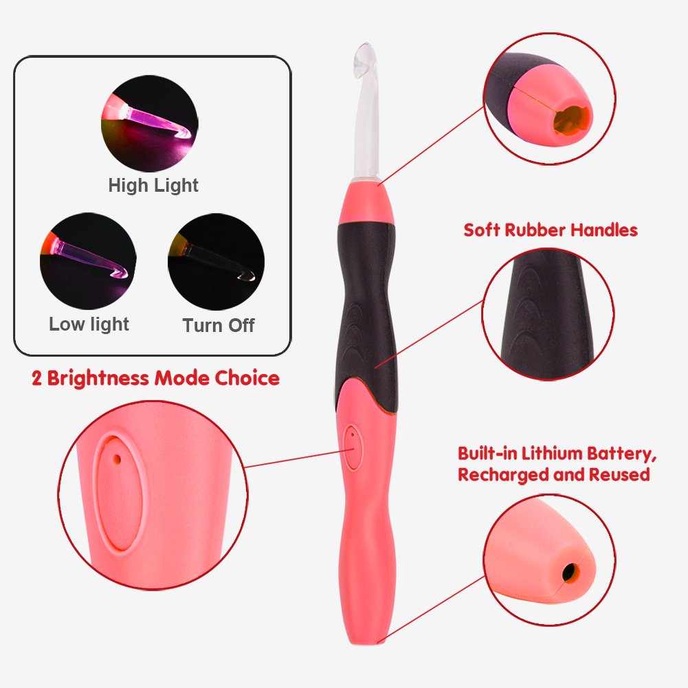 Verlichte Haak Haak Haak Set, 9 Grootte Verwisselbare Koppen 2,5 Mm Tot 65 Mm Met Ergonomische Grip Handgrepen Oplaadbare Verlichte Haakhaken Complete Set Voor Een