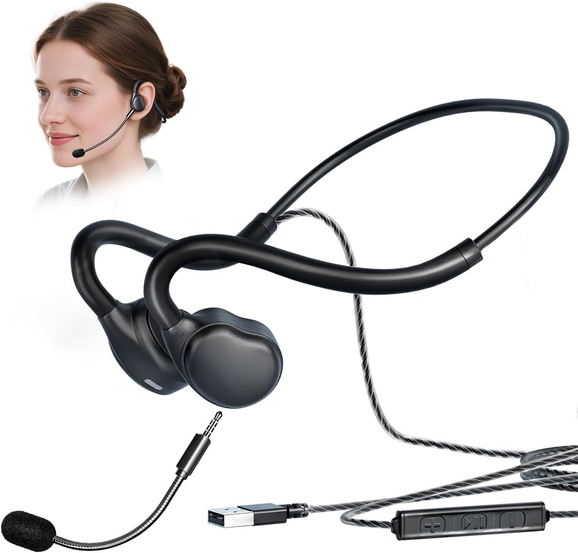 USB Headset with Mic for Call Center & Office Use – Open Ear Headphones for All-Day Comfort, Computer Wired Headset Compatible with PC, Laptop, Gaming, Skype, Zoom, and Live Streaming