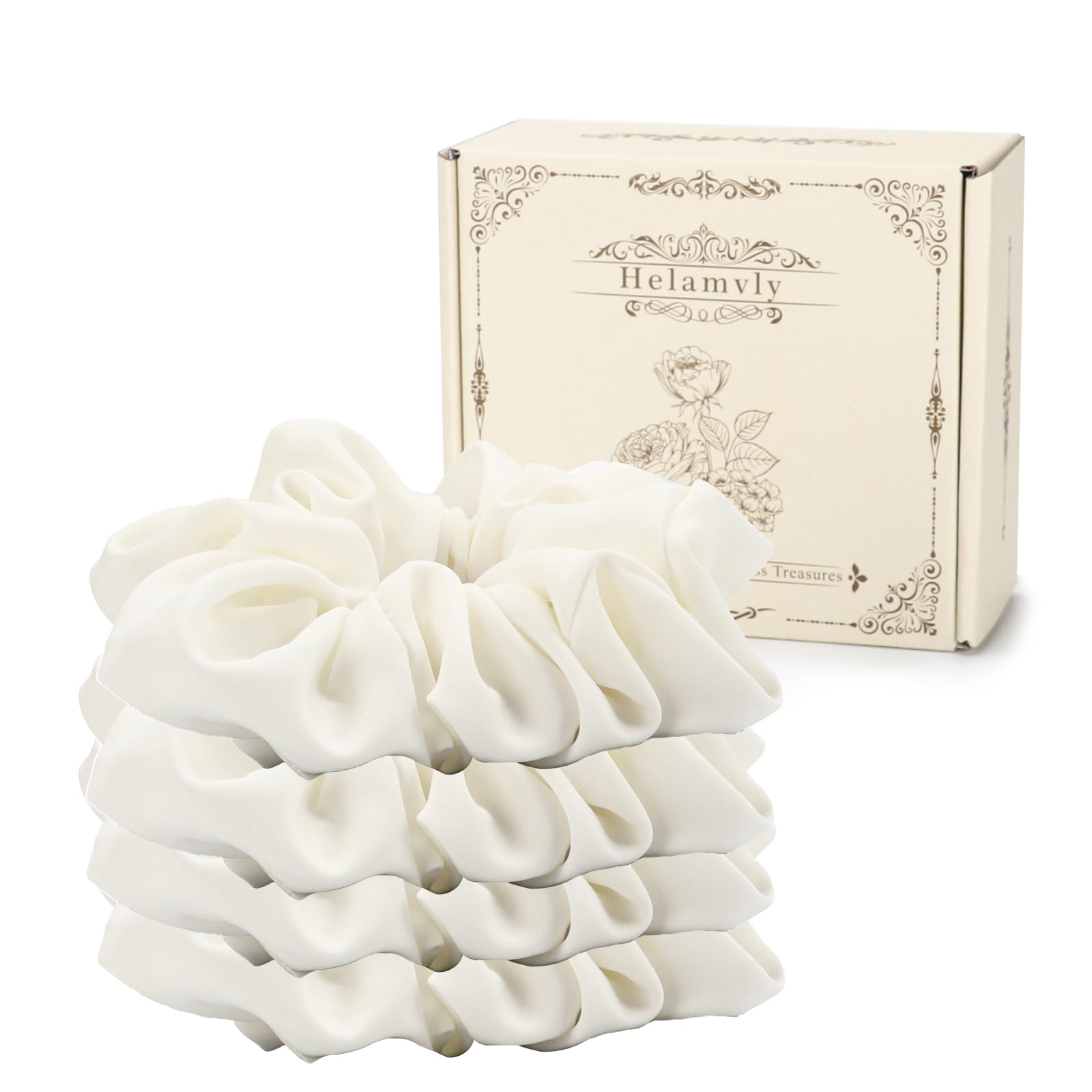 Helamvly Kadınlar için 4 Parça Büyük İpek Saç Bandı - Kalın Saçlar için El Yapımı Saç Bandı Kız Saç Bağları At Kuyruğu Tutucular Jumbo Scrunchies (Beyaz)
