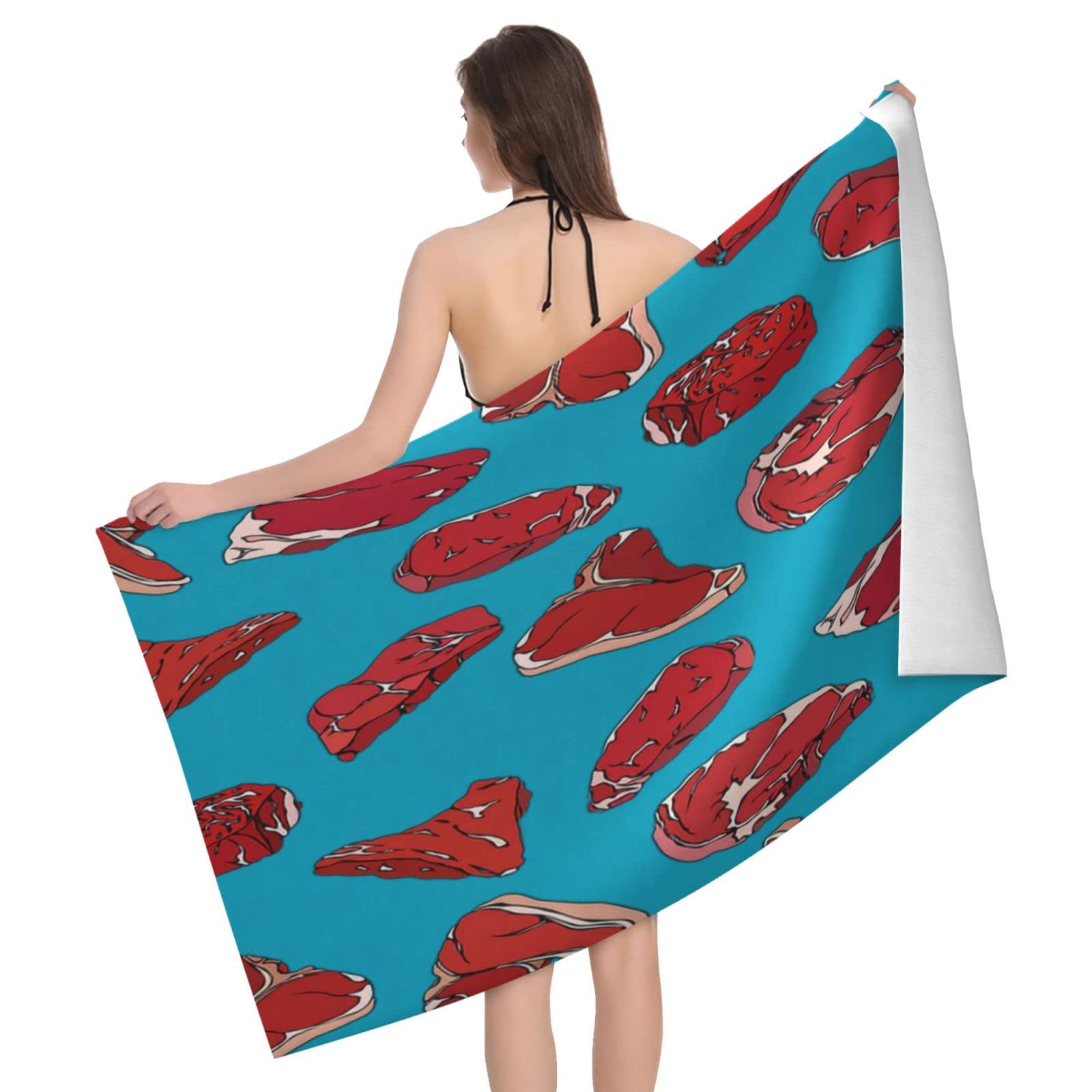 Lawenp Beef Steaks Beach Towel, Lightweight Sand Free Quick Dry Microfiber Absorbent Bath Towel for Kids, Adults, Swimming, Bath, Yoga, Pool, Travel, Camping 32"X52"