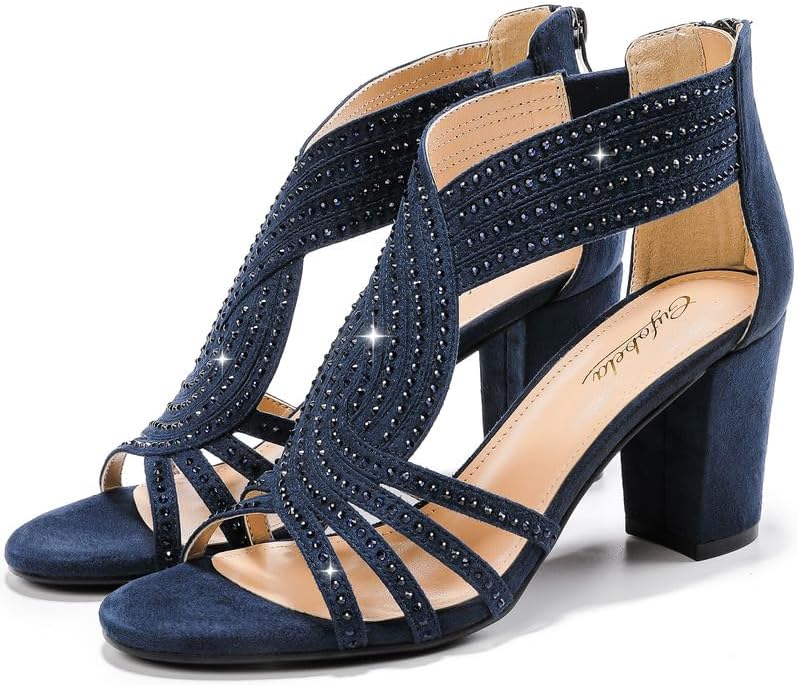 Women's Rhinestone Sparkly Chunky Block Heel Sandals Open Toe Dressy Shoes with Zipper Closure for Wedding Prom Homecoming Hoco Formal Events - Image 7