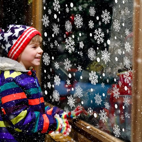 Image of AhfuLife Christmas Snowflakes Window Clings, 152 PCS Reusable Window Stickers for Glass, 8 Sheets Double Sided Snowflakes Stickers for Xmas Party