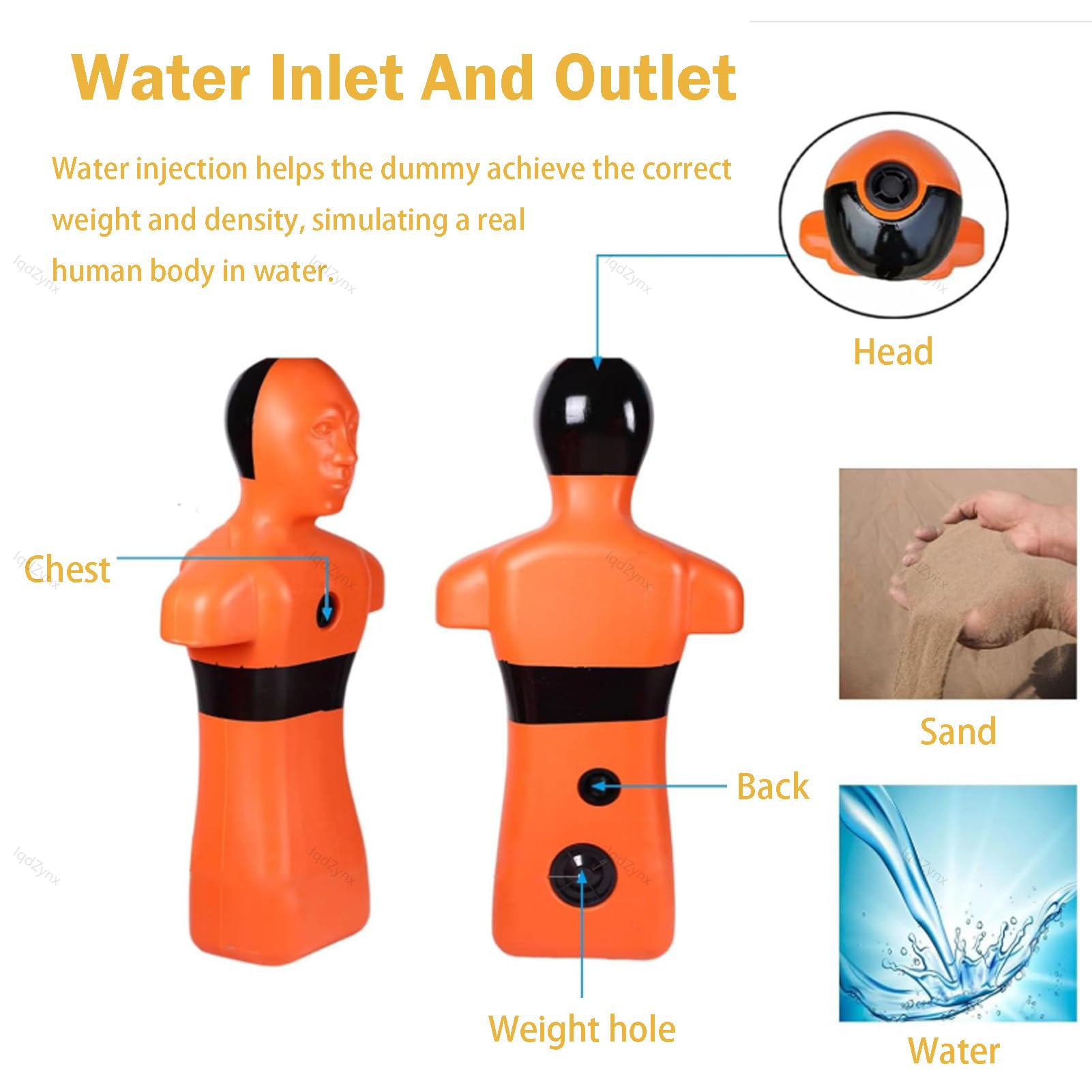 Maniquí Profesional de Rescate acuático 50 kg, Utilizado como Equipo de Entrenamiento para cursos de socorrista y Rescate acuático Orange