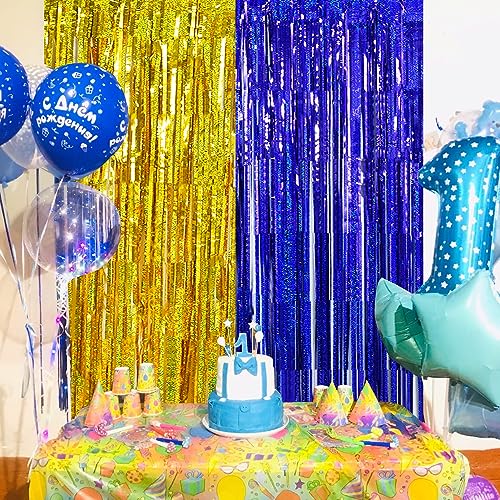 Image of BEISHIDA 4 Pcs Blue and Gold Party Streamers Fringe Foil Curtain Backdrop Tinsel Background Party Decoration for Door Wall Graduation Birthday Wedding Anniversary Party Decoration(3.28 Ft x 8.2 Ft)