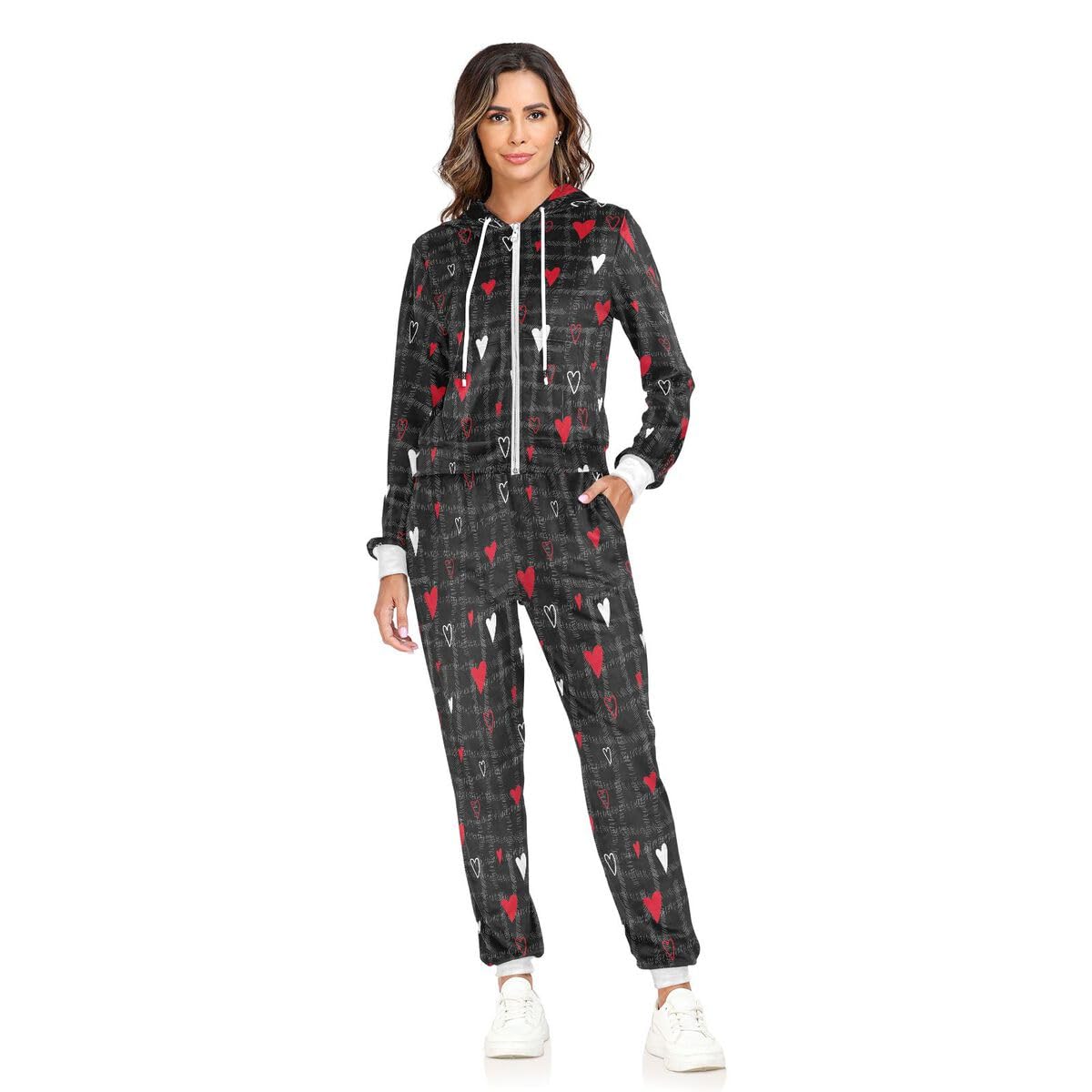 Conjunto deportivo de 2 piezas para mujer, color blanco y rojo, con diseño de corazón, manga larga, para el día de San Valentín