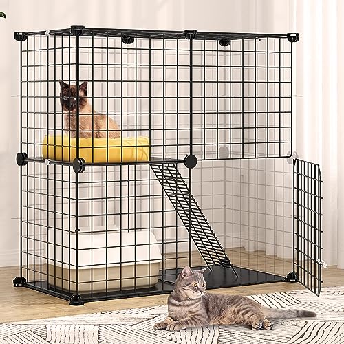YITAHOME Jaula para Gatos de Interior, Jaula para Gatitos de 2 Niveles, Recinto para Gatos, Exterior, Parque para Mascotas, Metal Extraíble, Perrera para Hurones, Gatitos, Conejos, Camping, 71x36x71cm