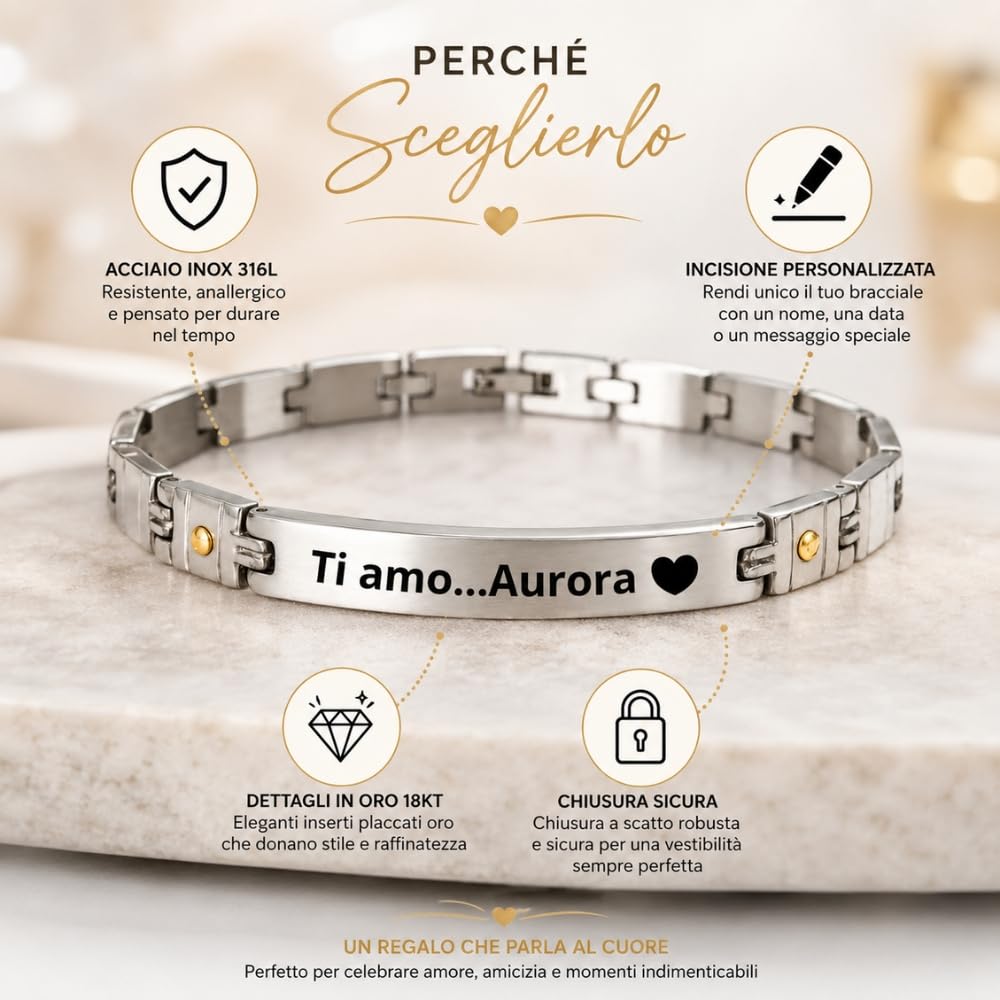 Bracciale Uomo Personalizzabile con Incisione in Acciaio Inox ed Elementi in Oro, Incidi Frasi Simboli Date e Nomi, Gioiello Personalizzato per Marito Fidanzato Compagno, Idea Regalo per Lui