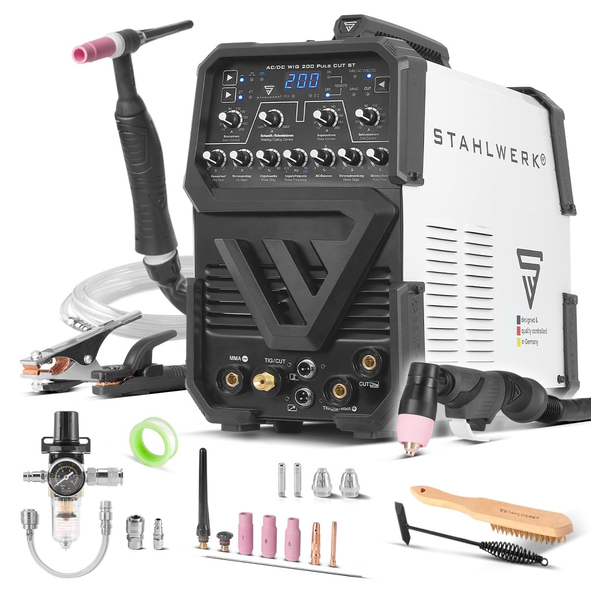STAHLWERK Poste à souder combiné 3-en-1 AC/DC TIG 200 Puls CUT ST – TIG & MMA (ARC) jusqu'à 200 A, Découpe plasma jusqu’à 45 A et épaisseur de coupe jusqu’à 12 mm, acier inoxydable, cuivre, alu titane