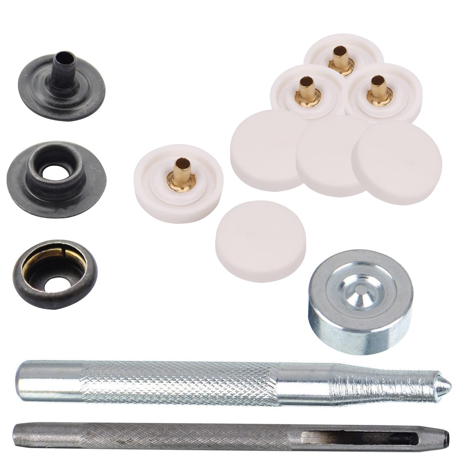WedDecor Pernos de presión sin Costuras, Sujetadores duraderos con Herramientas de sujeción Manual, Tapa de plástico con broches Traseros de Metal para Ropa, Blanco, 500 Piezas