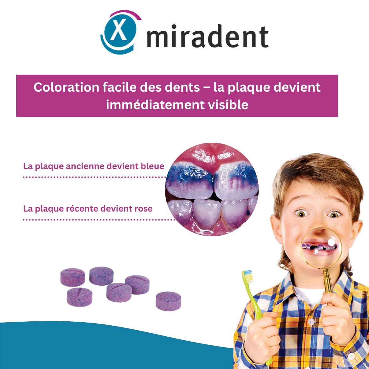 Miradent Mira-2-Ton® Lot de 50 comprimés à croquer à colorier en tant que test de plaque avant le brossage des dents prouvé fiable et motivant, sans érythrosine et sans gluten