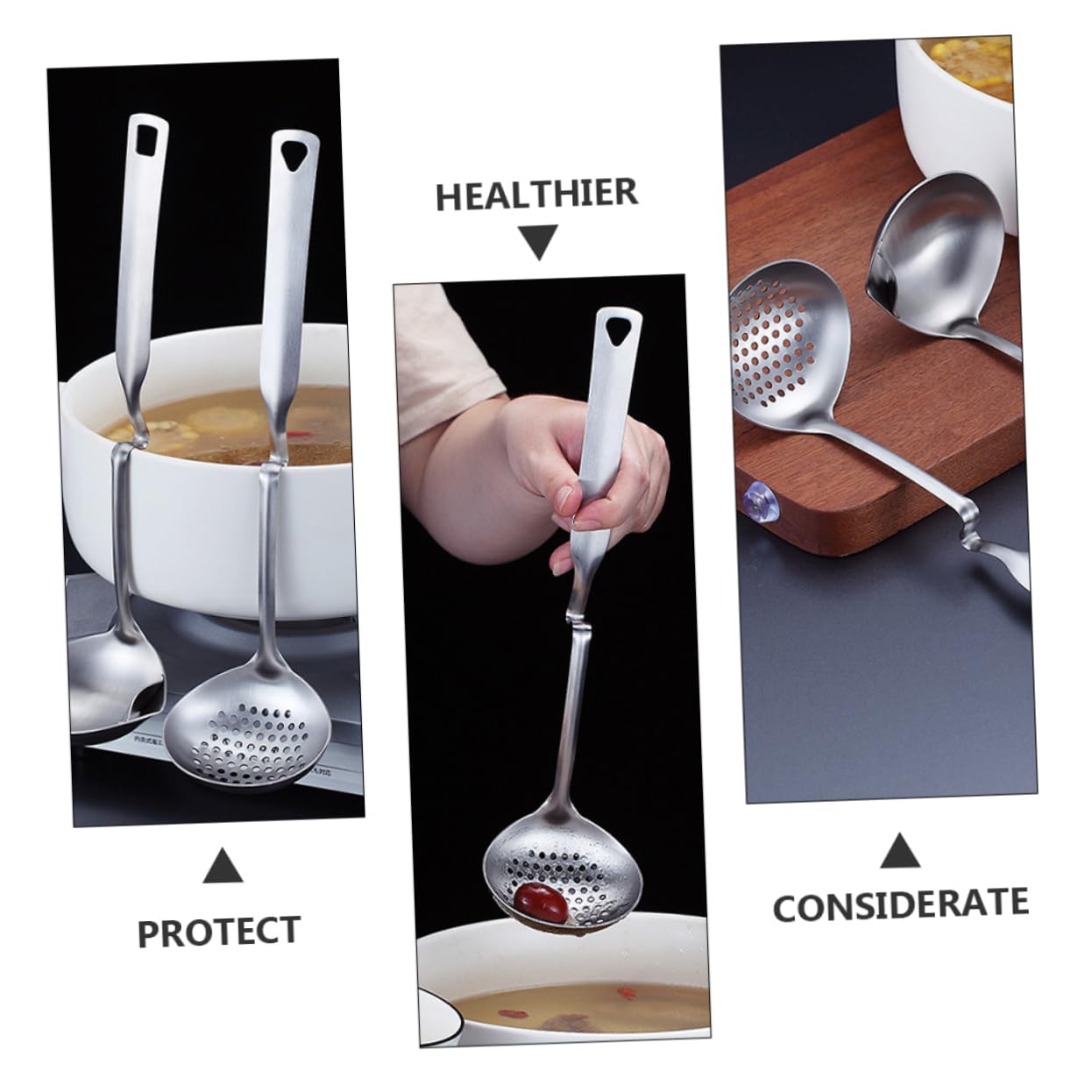 Happyyami 1Set Stainless Steel Soup Ladle Slotted Spoon Cooking Skimmer Utensil for Straining Serving Kitchen Tools for Oil Soup Separation