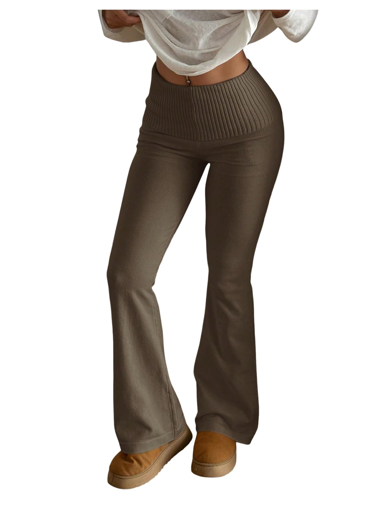 Floerns Womens Elastic High Waisted Flare Leg Pants Knit Loungewear Sweater Pants