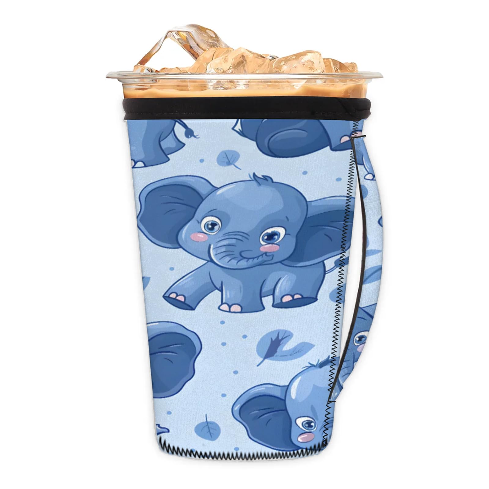 Cute Elephants Leaves Reusable Neoprene Coffee Sleeve with Handle Insulated Iced Coffee Cup Holder Reduces Condensation Fits 24-28 oz Cups M