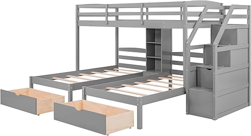 Miniatura 6 de DEINPPA Litera individual sobre individual y individual con 2 cajones y estante abierto litera triple de madera con escalera y espacio de