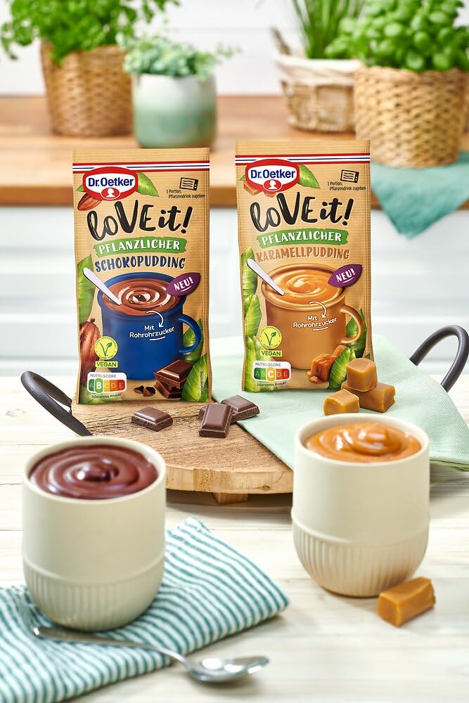 Dr. Oetker LoVE it! Pflanzlicher Pudding Schokolade 12er Pack, veganes Dessertpulver für die schnelle Zubereitung eines Tassen-Pudding