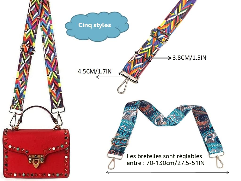 5 Pièces Bandouliere de Sac a Main Bricolage,Sangle d'épaule Réglable Large,Ceinture de Style Ethnique Coloré