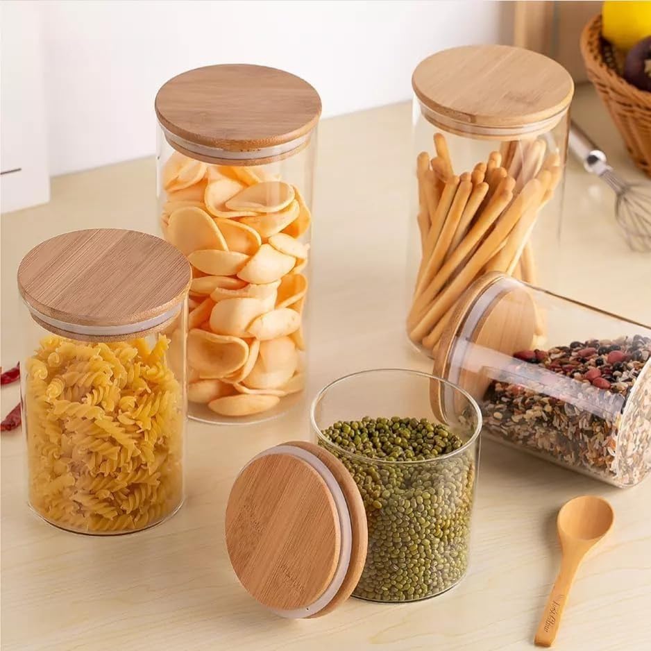 Image of Borosilicate Airtight Glass Jar for Kitchen Storage, Snacks,Spice, Cookies,Dry-Fruit I Kitchen Container Glass Jar for Multipurpose Use I Wooden Lid Jar Round 1200 ML (Pack Of 2)