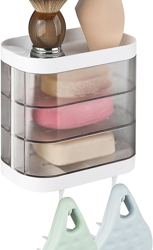 Linkidea Jabonera de 3 capas montada en la pared con 2 ganchos, soporte de jabón giratorio de 180 grados, estante organizador de almacenamiento
