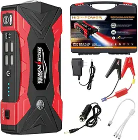 Auxiliar de Partida Portátil 21000mAh, Carregador Veicular 12V, Power Bank para Carro e Moto, Bateria de Emergência, Kit Completo para Viagem Carregador Bateria