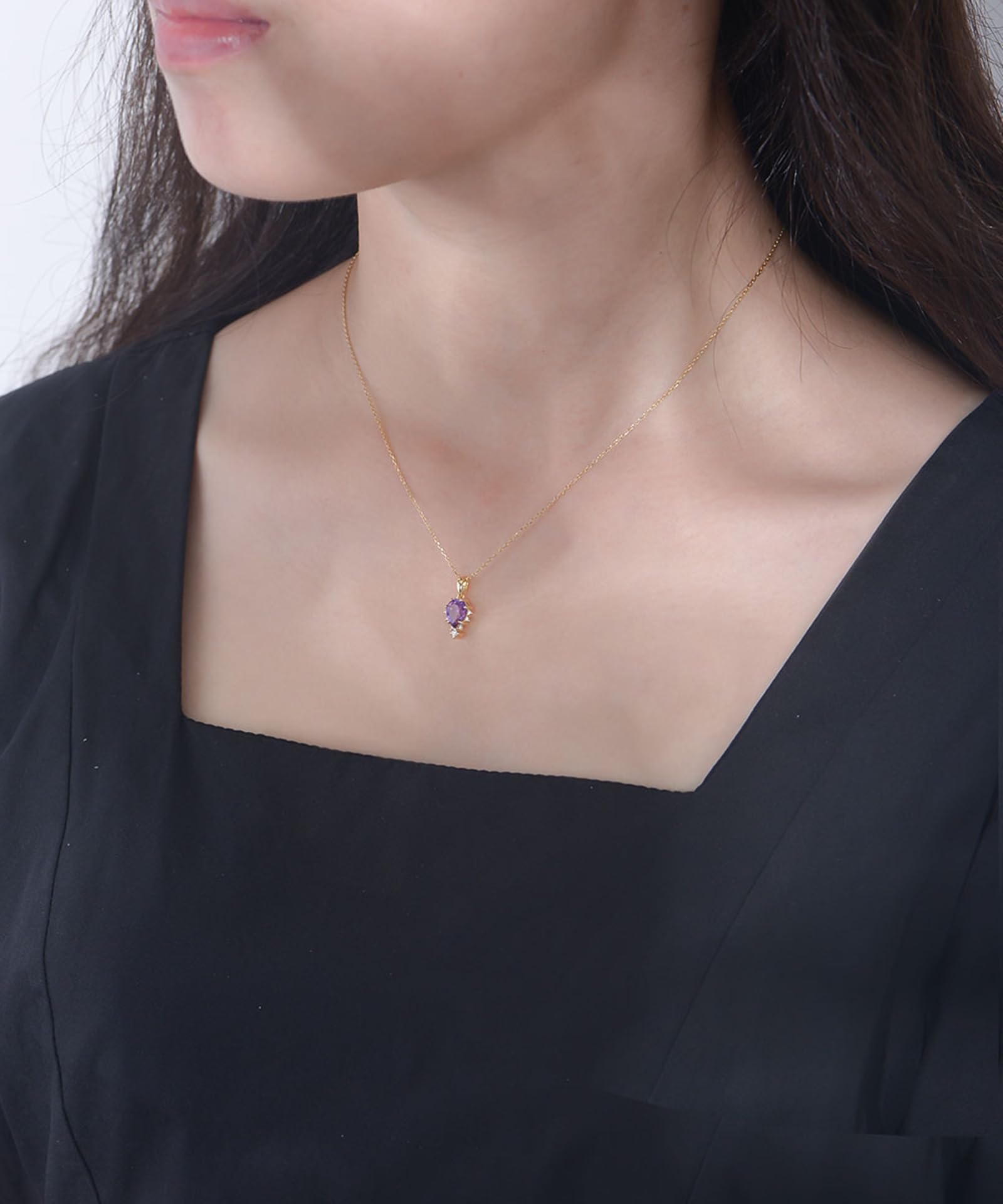 Collana Donna, Donna Oro Giallo Collana da Donna con Pendente a Goccia 6x8mm in Ametista e Moissanite, Lunghezza 40+5cm