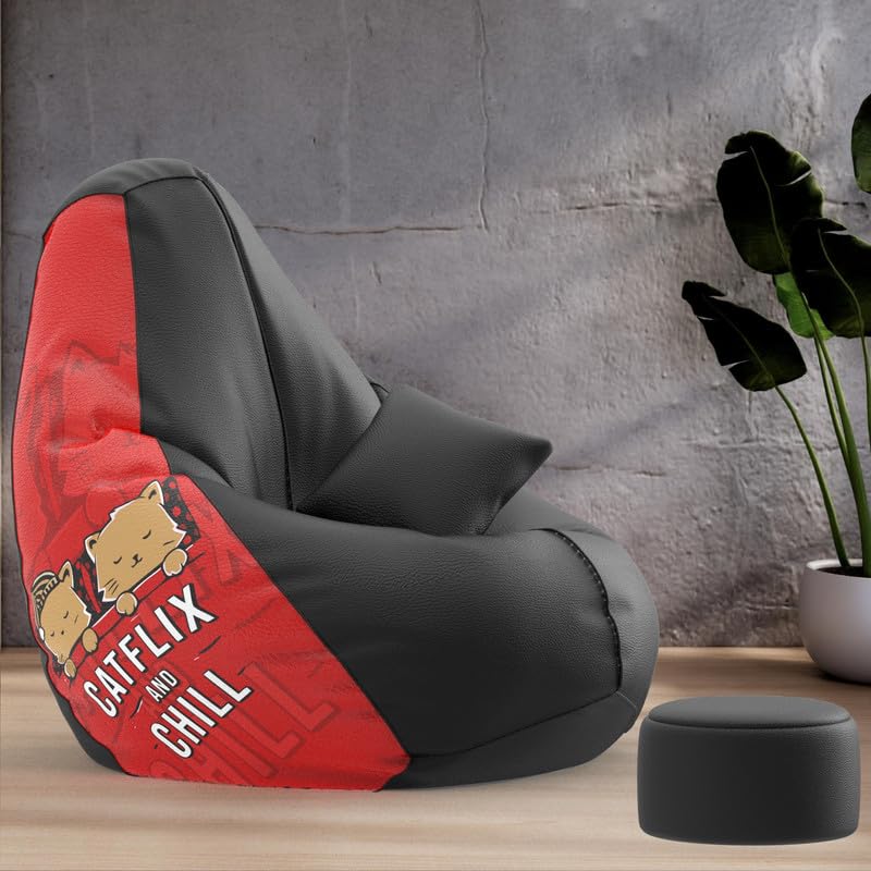 Biggie Bean Bag Chair Cover 4XL Evergreen Classics Bean Bag-Loud Prints-Soft Landings-Styled with Free Cushion & Footrest (Matching Color : Printed Catflix and Chill-Black)-image-30