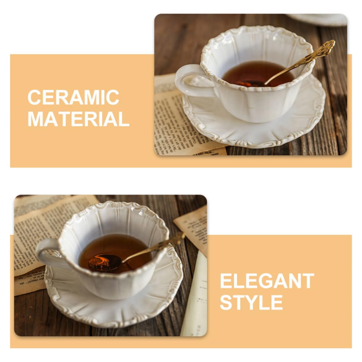 DECHOUS Juego de Taza de Cerámica Estilo Elegante Vintage de 300ml Platillo Antideslizante y Fácil de Limpiar, Adecuado para Disfrutar Café o Té en Casa