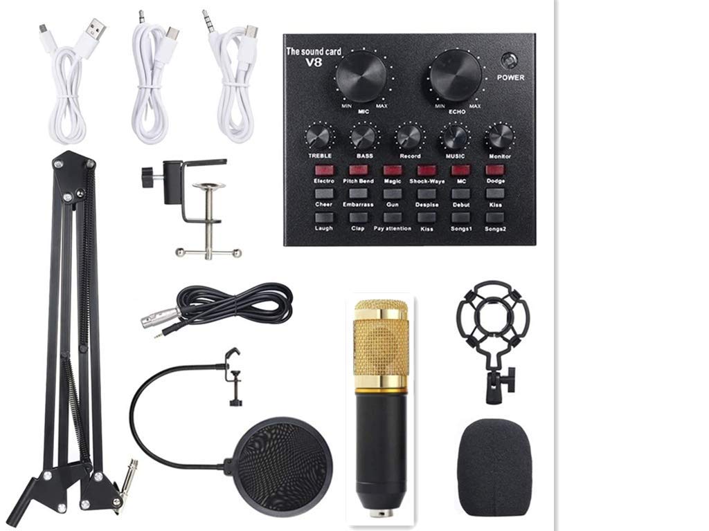 XINLAN Professional Studio Multifunctional Live Sound Card & BM800 Suspension Microphone Kit Broadcasting Recording Condenser Microphone Set Intelligent Volume Adjustable Audio Mixer Sound Card