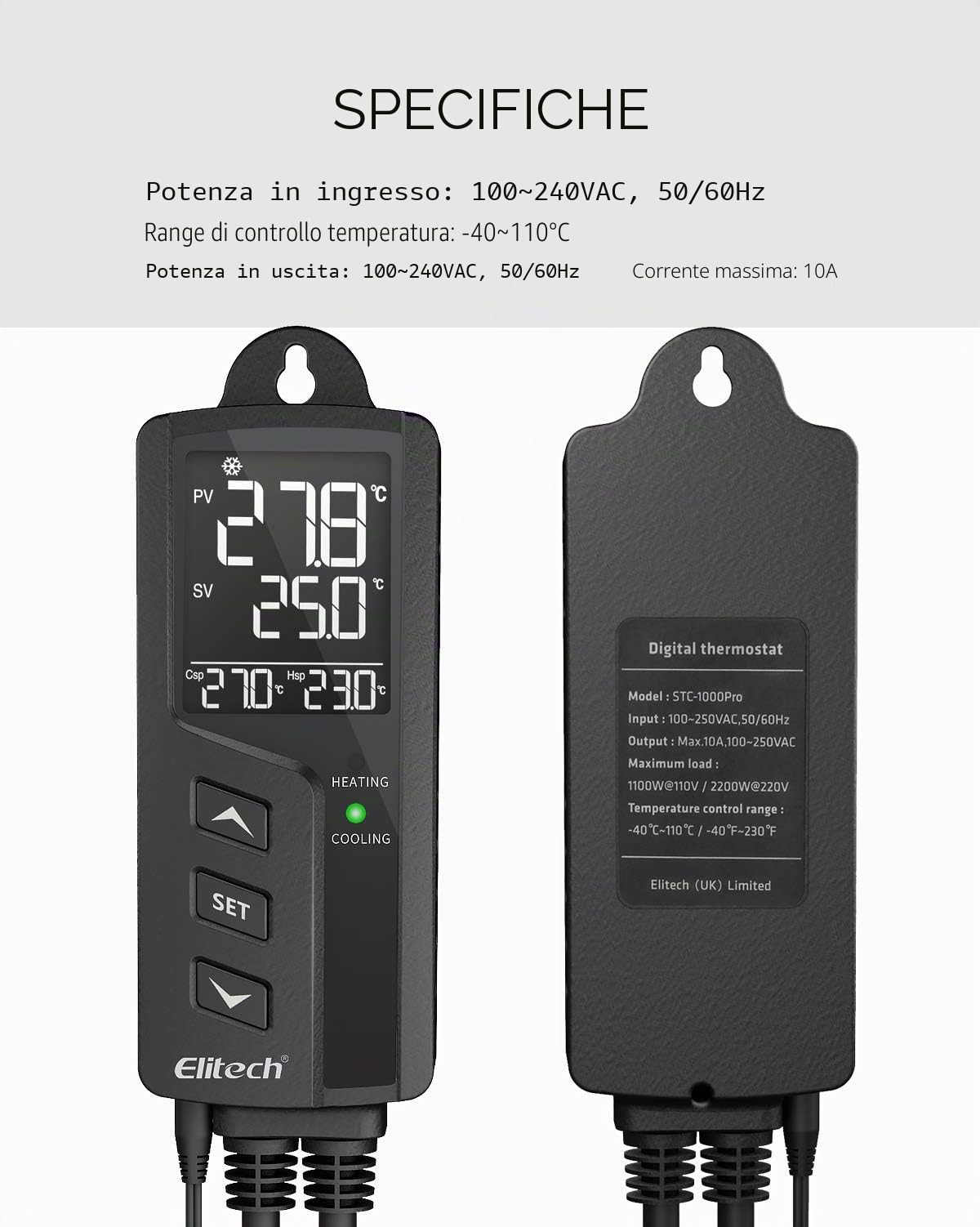 Elitech STC-1000Pro EUTermoregolatore Digitale Termostato Temperature Controller Dual Relay 220v Termostato Digitale con Sonda Per Acquari Rettili Riscaldatori