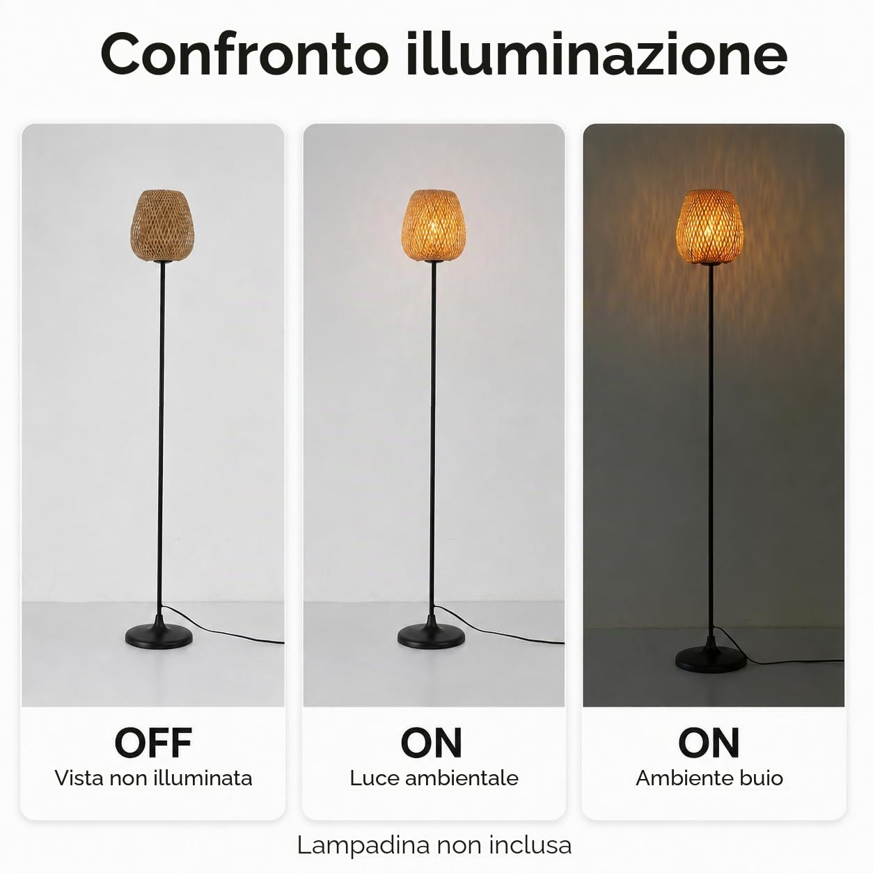 Alpinaluz Lampada da Terra E27 Paralume Naturale Vimini Bambù Base Nera | Paralume intrecciato a mano e base in metallo nero, stile nordico boho per soggiorno, camera, divano e angolo lettura