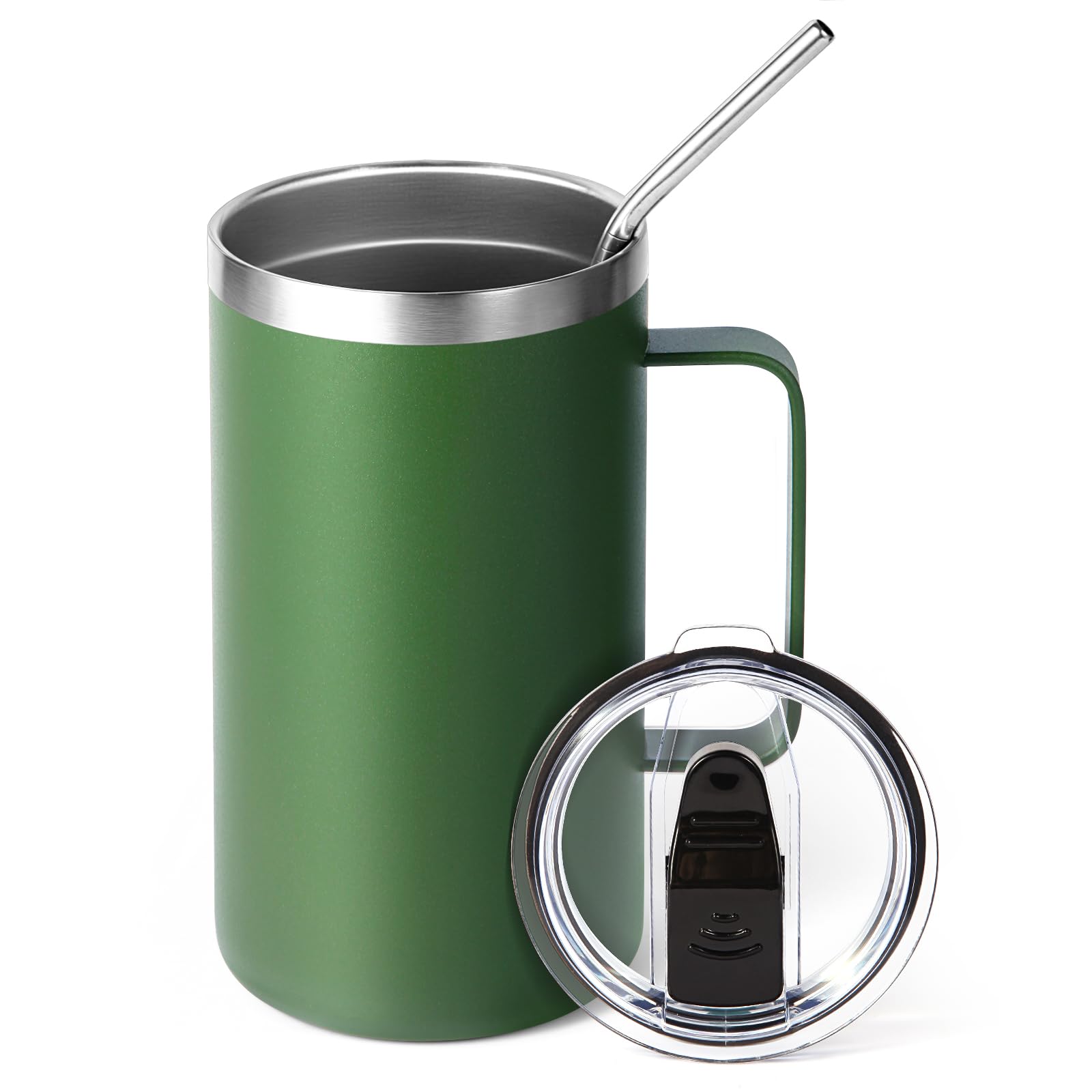 Volhoply 650ml (22oz) Insulated Coffee Mug with Lid and Straw, Stainless Steel Travel Mugs with Handle, Leak Proof Double Wall Coffee Cup for Hot and Cold Drinks (Army Green,1 Pack)