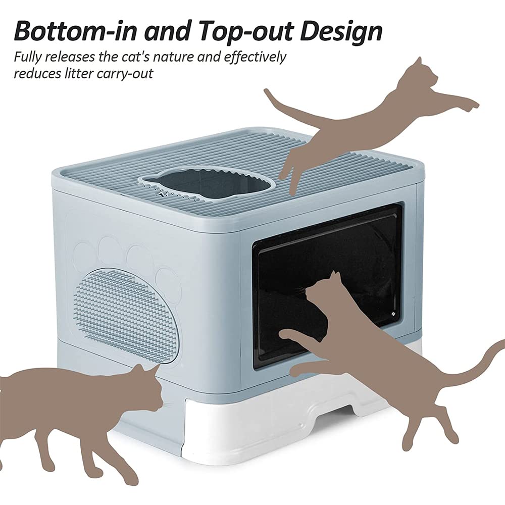 Bandeja de arena para gatos, gran casa de aseo de gato plegable con tapa, bandeja de cajón y pala para caña, portátil, WC para gatos con tapa, 48 x 39 x 34 cm, PP-Bleu claro
