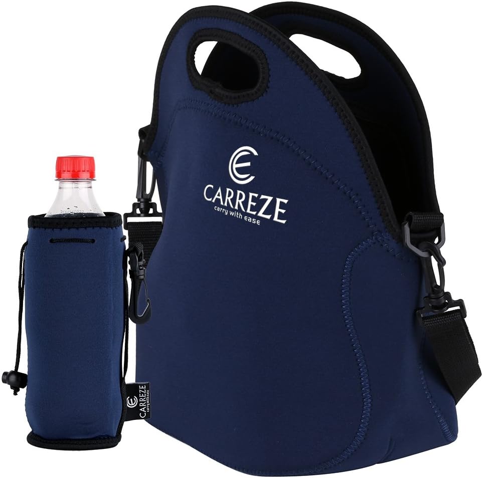 Insulated Lunch Tote Bag with Zipper & Shoulder Strap + Matching Water Bottle Holder. Large Size Lunch Bag, Holds food Hot or Cold for up to 4 Hours - Made w Premium Quality Neoprene