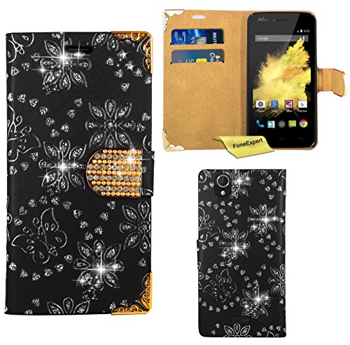 FoneExpert Wiko Birdy Housse Coque Etui Housse Coque Bling Diamant en Cuir Portefeuille Wallet Case Cover pour Wiko Birdy (Noir)