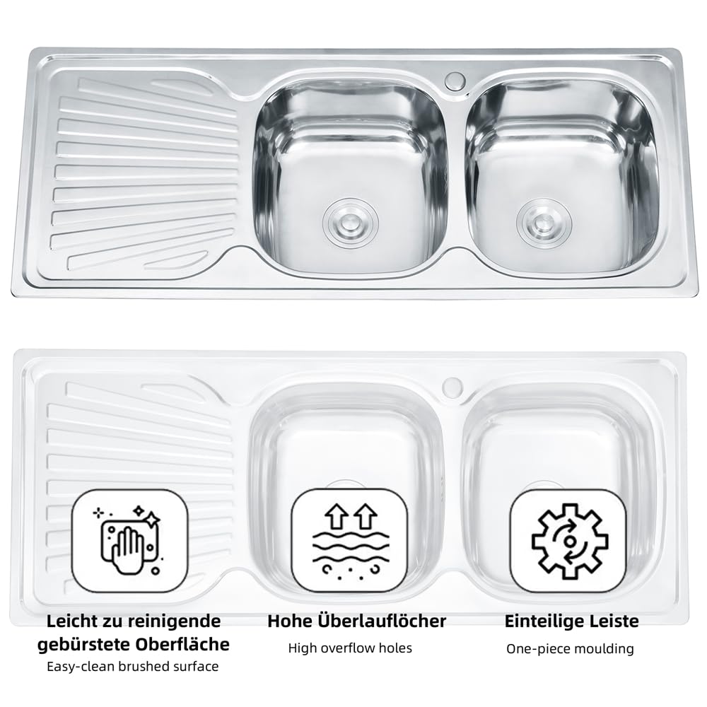 Melko 120cm stockage double évier intégré dans l'évier de cuisine en acier inoxydable 2 vasques