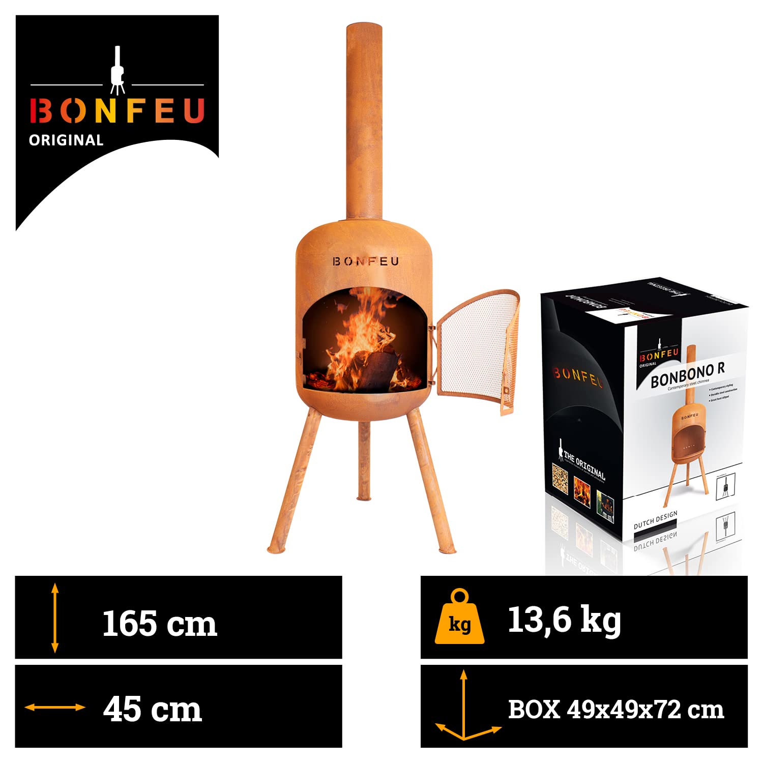 BonFeu BonBono Rouille - Brasero pour Jardin - Braser avec Barbecue Grill - Brazeros Exterieur - 45x45x165 cm