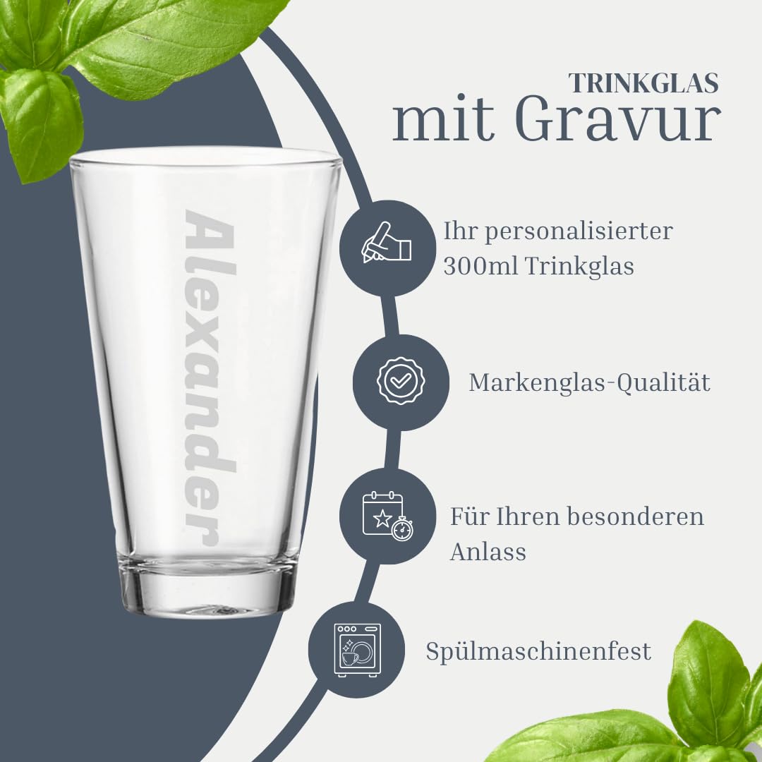Trinkglas mit Gravur, Name vertikal, 300 ml, 30 Stück | Personalisierte Softdrinkgläser für Geburtstage & Events, Spülmaschinenfest