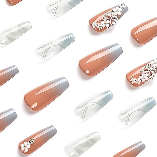 Miniatura 2 de Uñas postizas largas cuadradas a presión, color azul neblina, uñas adhesivas con dije de flores y mariposas y diamantes de imitación, uñas postizas