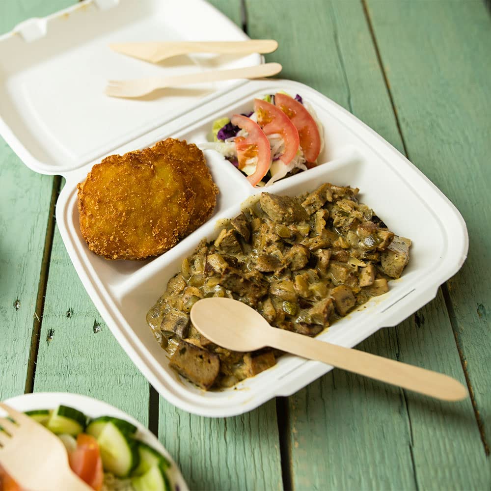 BIOZOYG Contenitore per pranzo in canna da zucchero diviso in 3 I Ciotola da asporto non rivestita sostenibile biodegradabile I Per caldo e freddo 25x20x7,5cm I 200 Lunch box a 3 scomparti