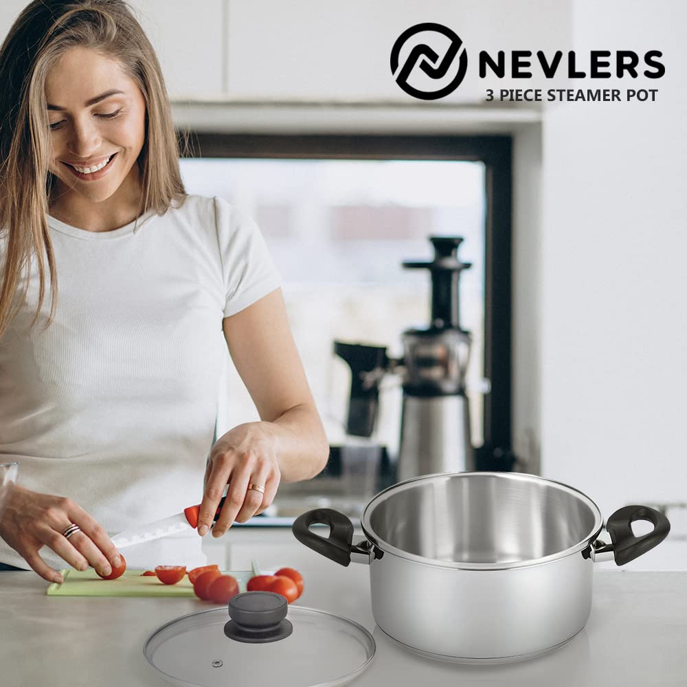 Nevlers 3 Piece Premium Heavy Duty Stainless Steel Steamer Pot Set