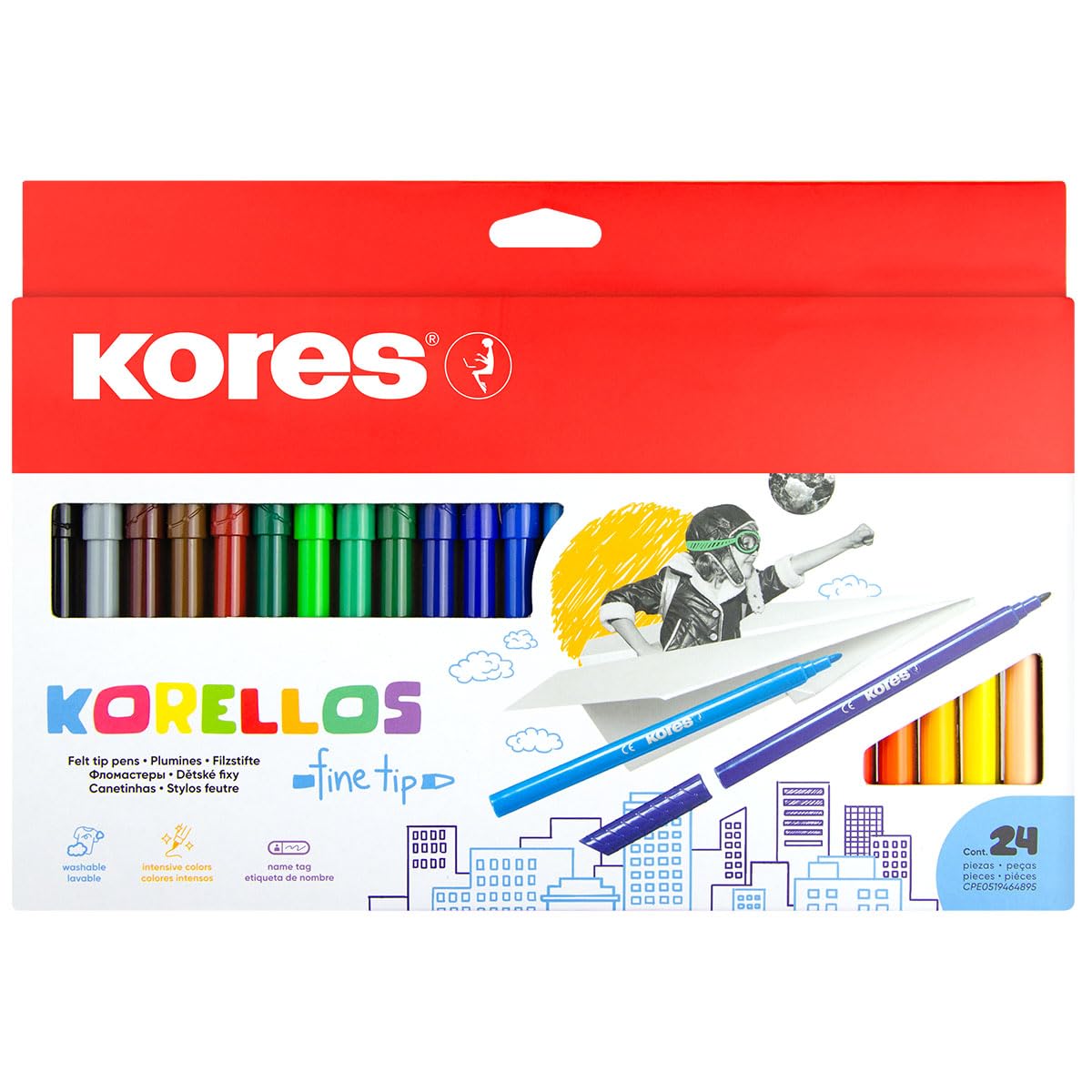 Kores - Korellos - Fibre Felt Tip Pens - 24 Coloured Felt Pens - Washable, Fine Tip, Long-Lasting - School Supplies, Back to School Supplies, Colouring Felt Tip Pens - Set of 24 in Assorted Colours