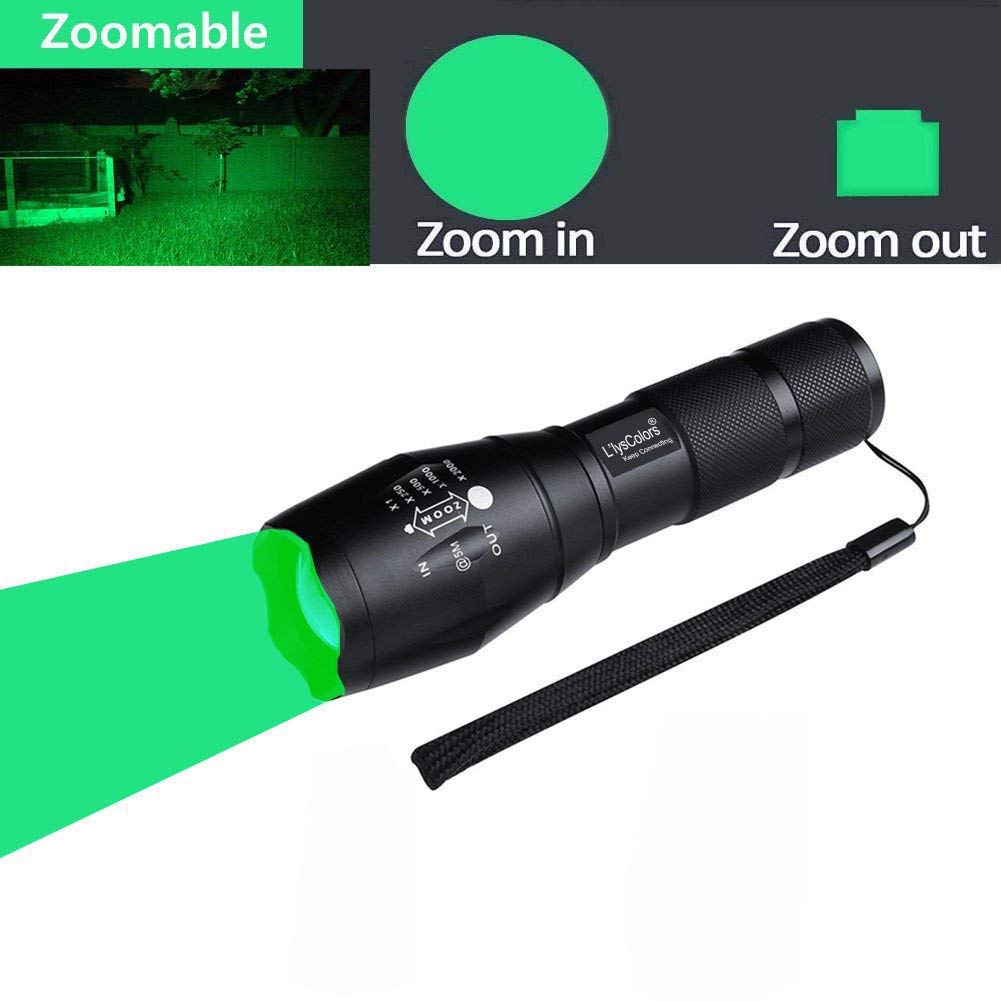 Lampe Torche LED 1200 Lumens Zoomable Verte, 3 Modes, Pile AA/14500