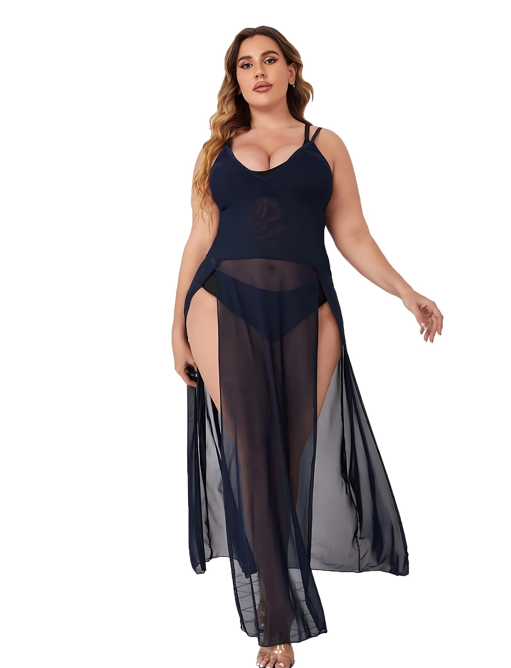 woyak Plus Size Split Long Mesh Lingerie Dress Babydoll Maxi Dress Sleepwear Chemise Sleepwear Side Slits (XXXX-Large, Navy)-picture-21
