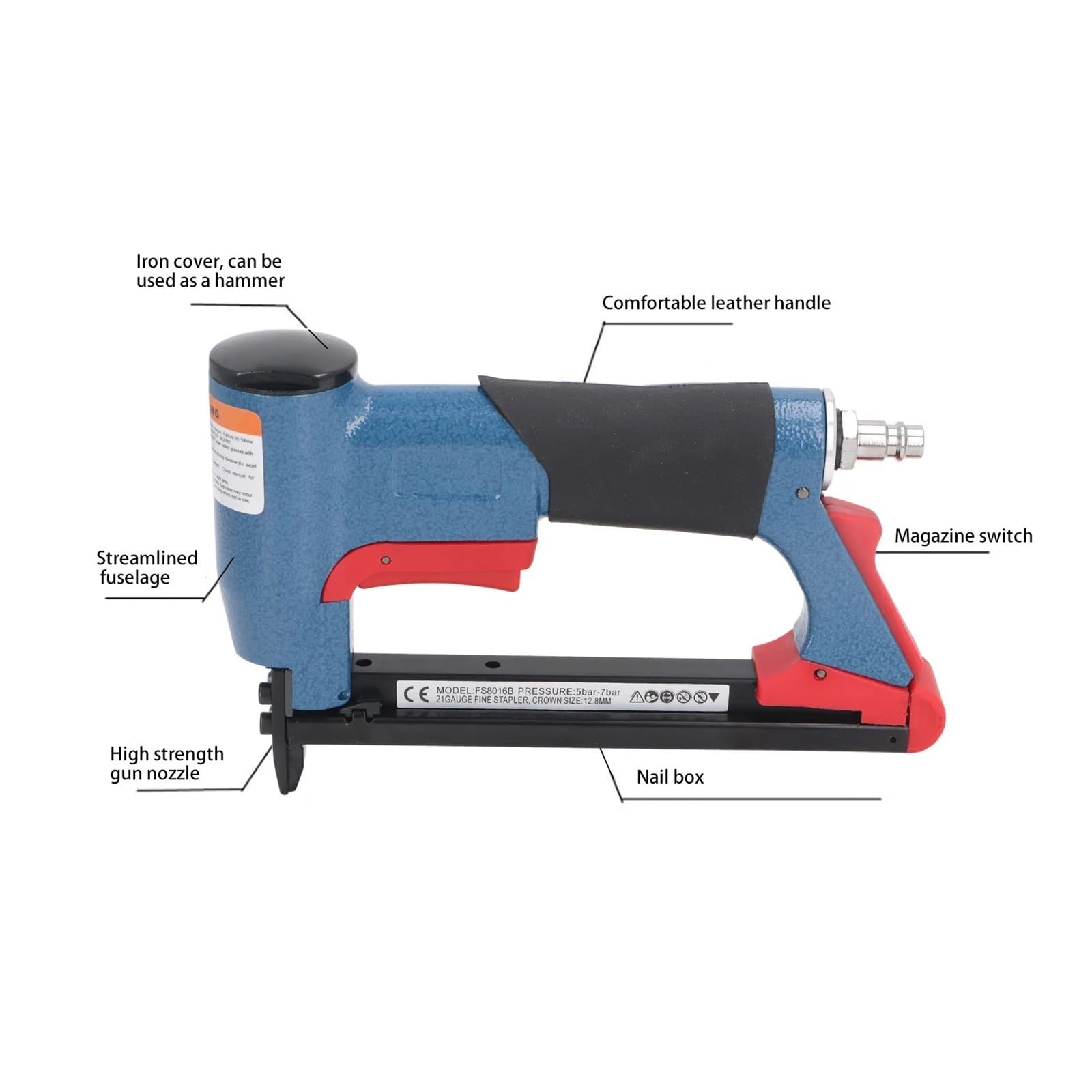 Pistola sparapunti pneumatica senza olio Pistola pneumatica for punti metallici Maniglia antiscivolo con bocca for chiodo estesa da 2 pollici for cantieri di lavorazione del legno
