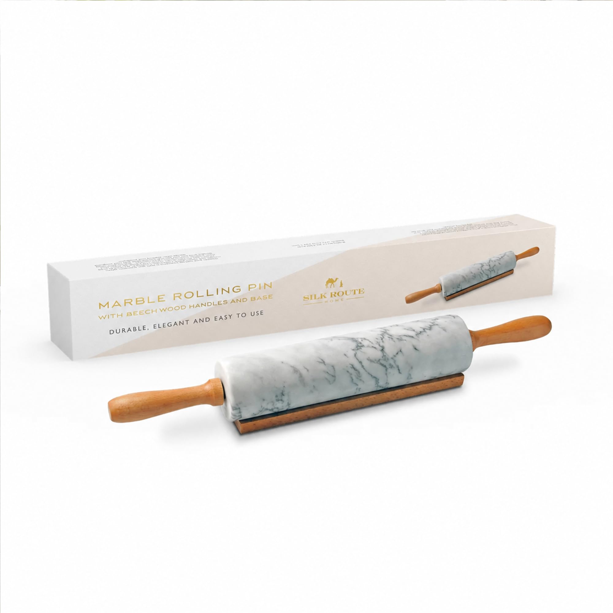 Silk Route Home - Mattarello in marmo bianco con base in legno di faggio